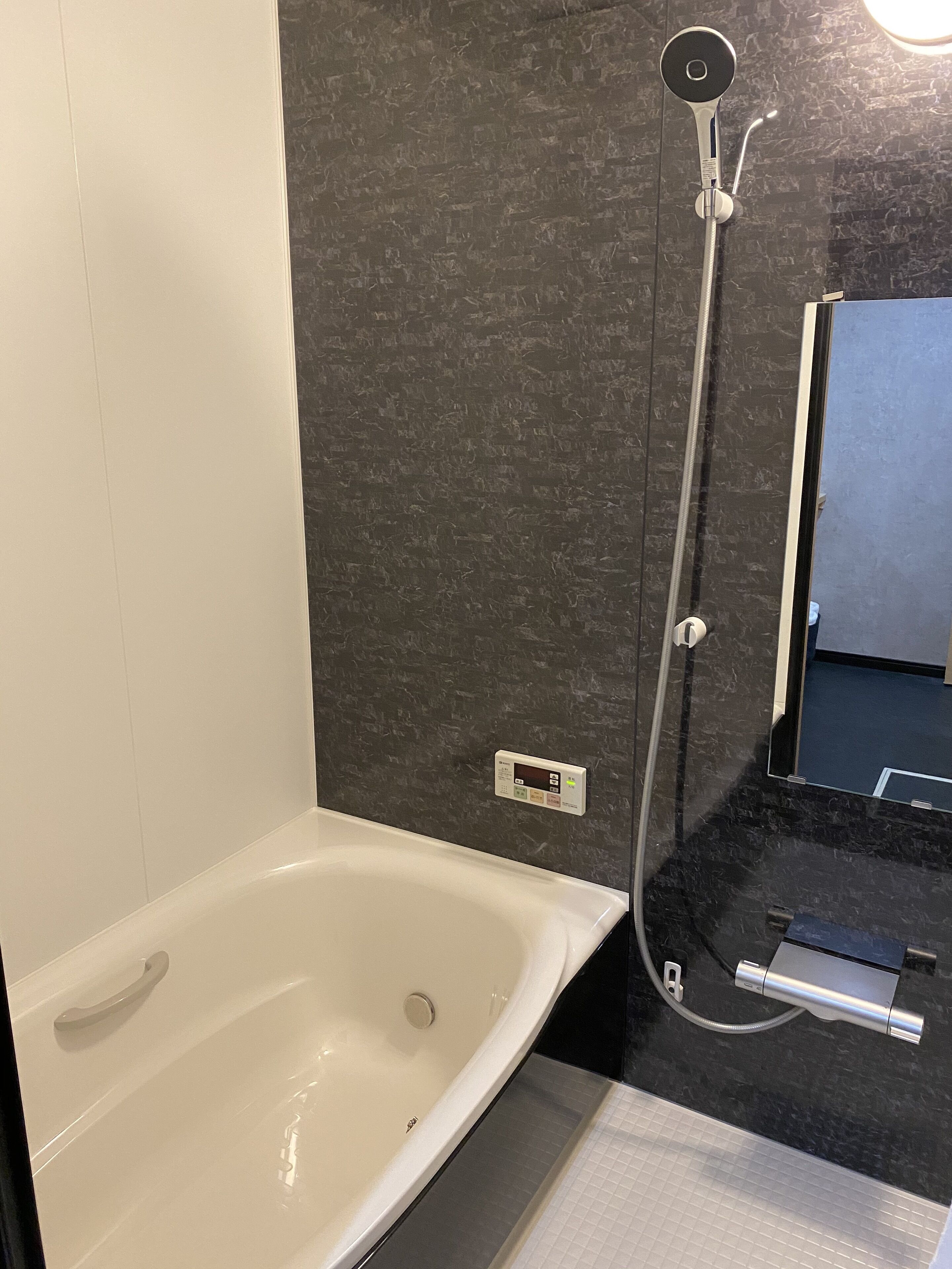 A modern bathroom with a white bathtub, a handheld showerhead, and a control panel on the wall.