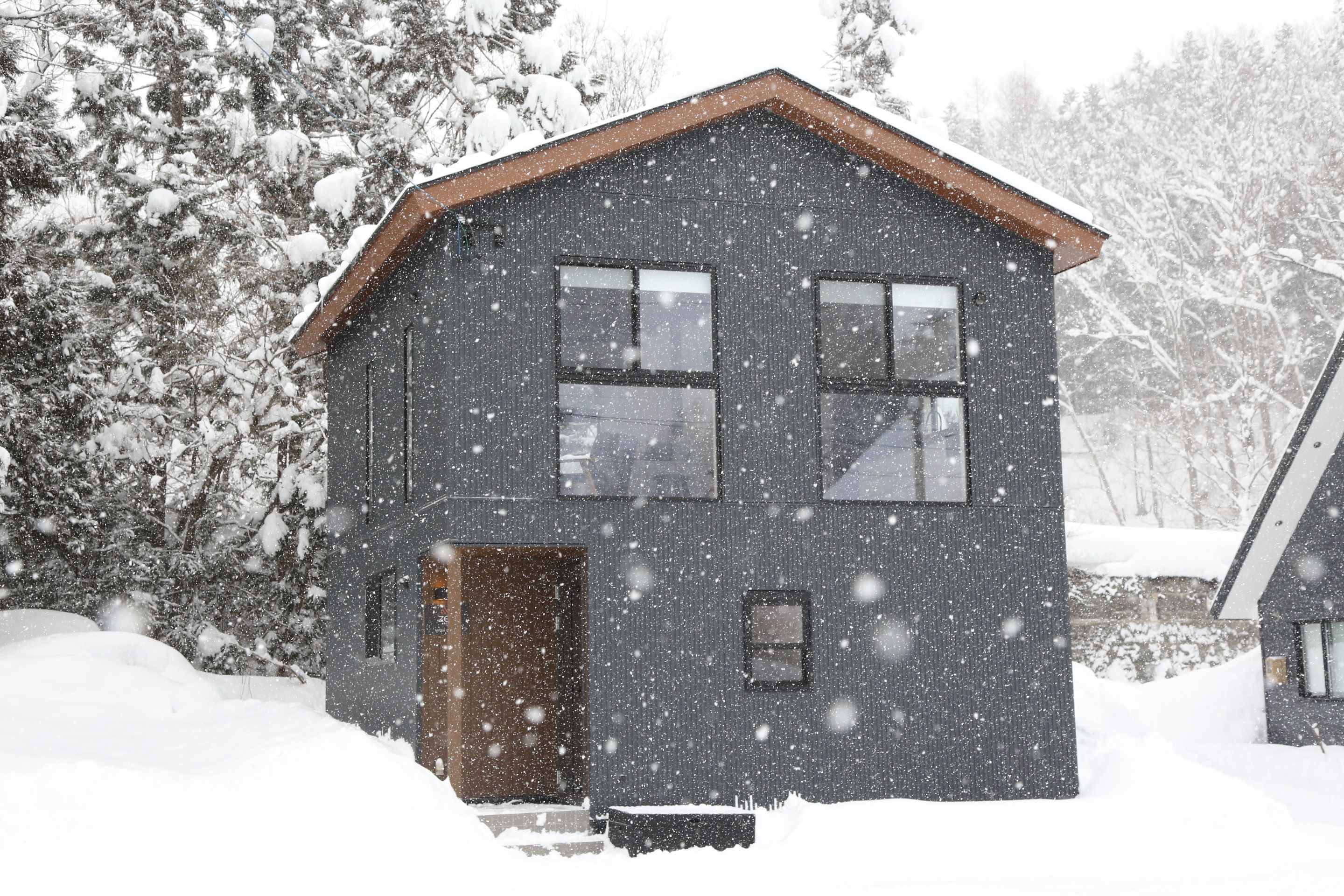 A two-story house with a brown roof, surrounded by snow-covered trees.