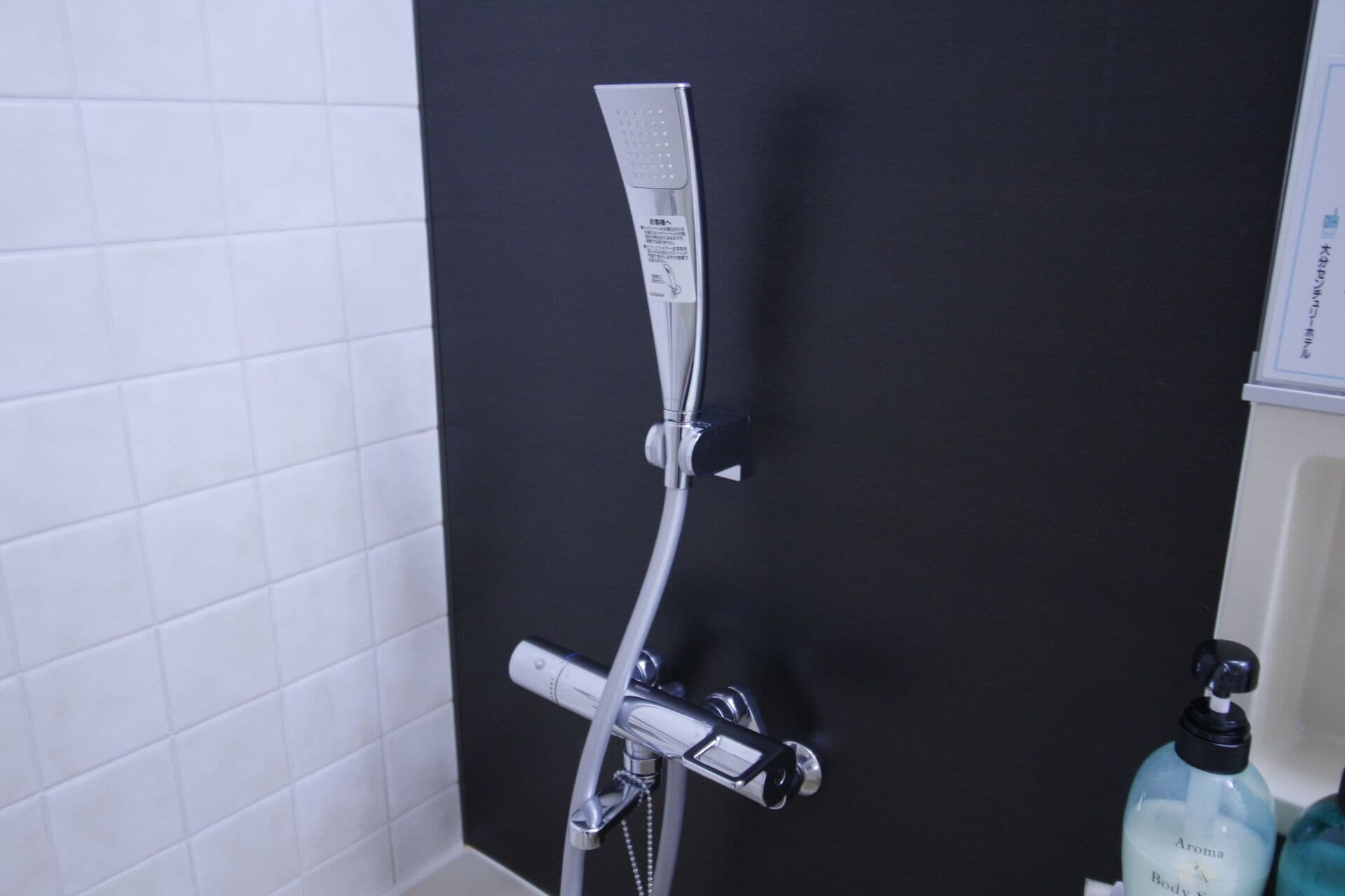 Combined shower/tub, free toiletries, hair dryer, slippers