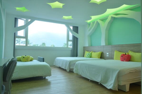 Family Room | Desk, blackout curtains, soundproofing, rollaway beds