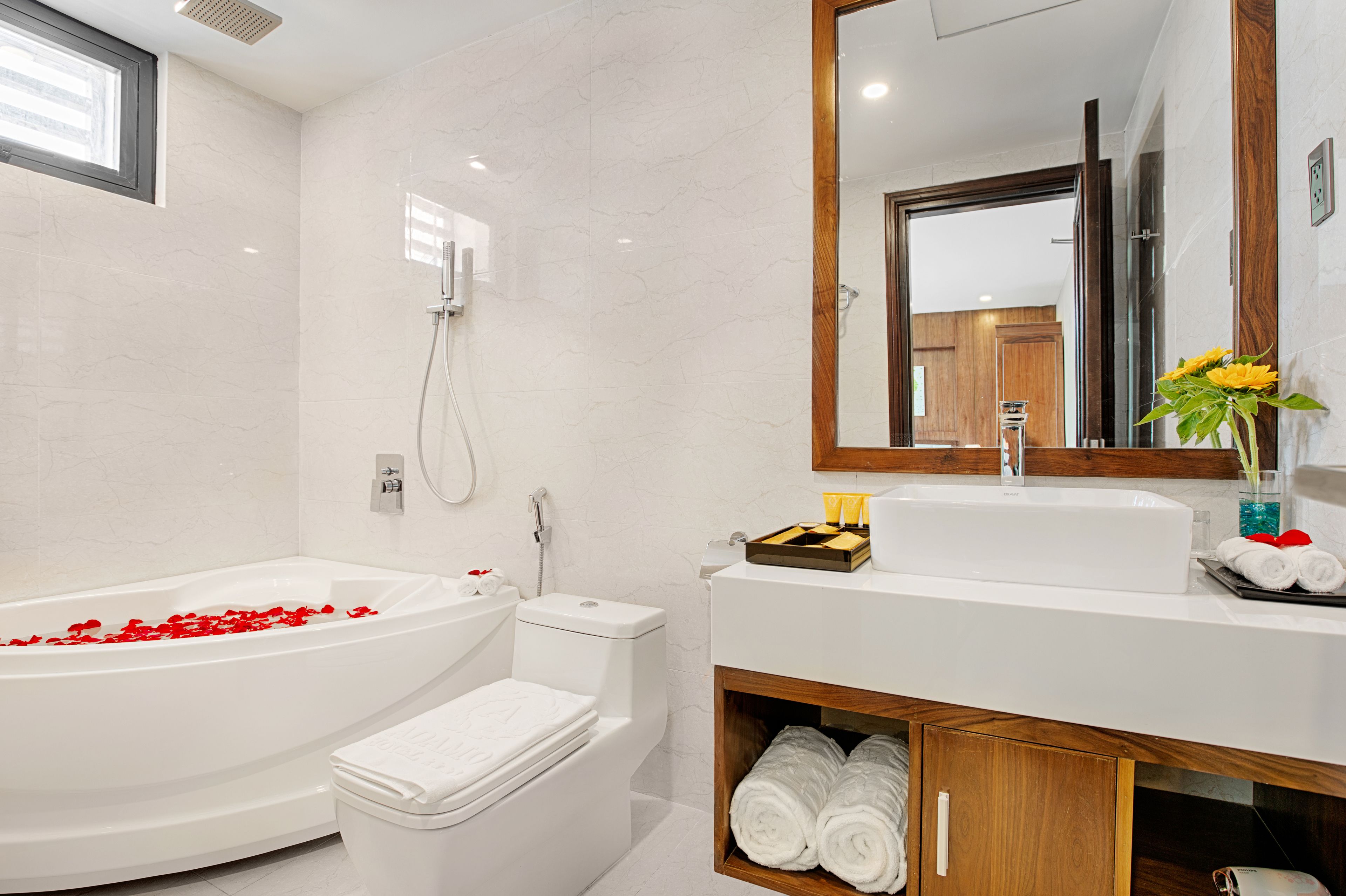 free toiletries, hair dryer, bathrobes, slippers