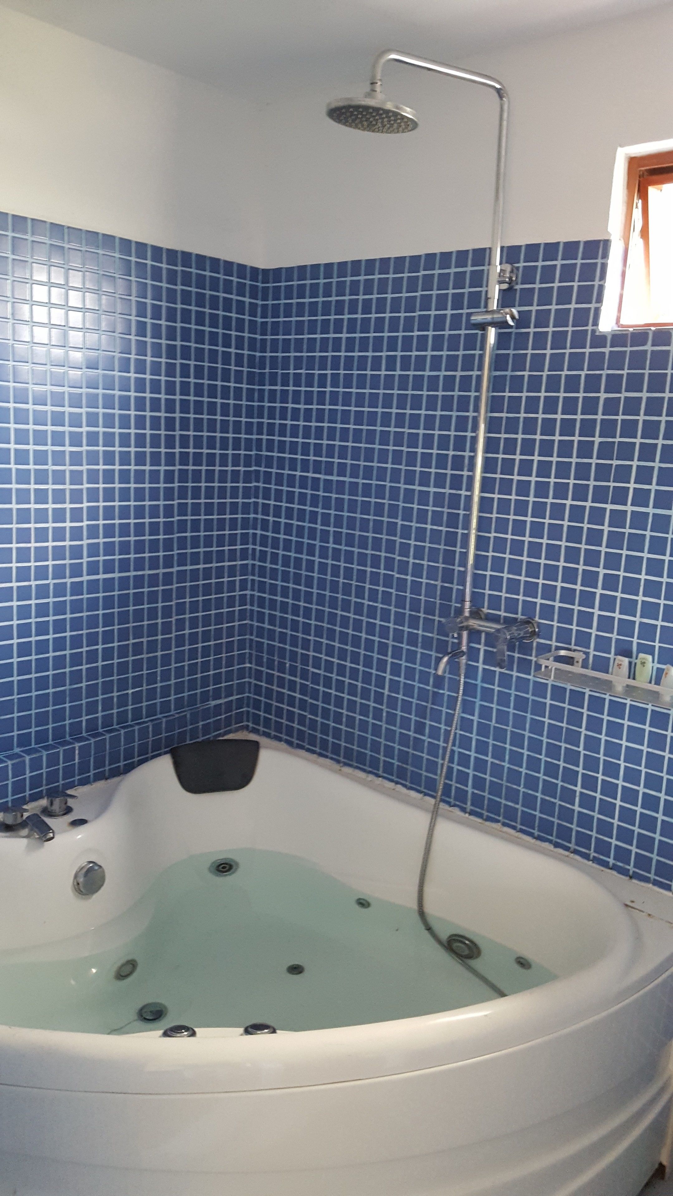 A bathroom with a bathtub, a shower, and blue tiled walls.