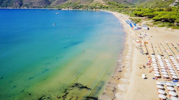 A beach with clear blue water, sandy shore, and umbrellas. - TH Lacona (Capoliveri)