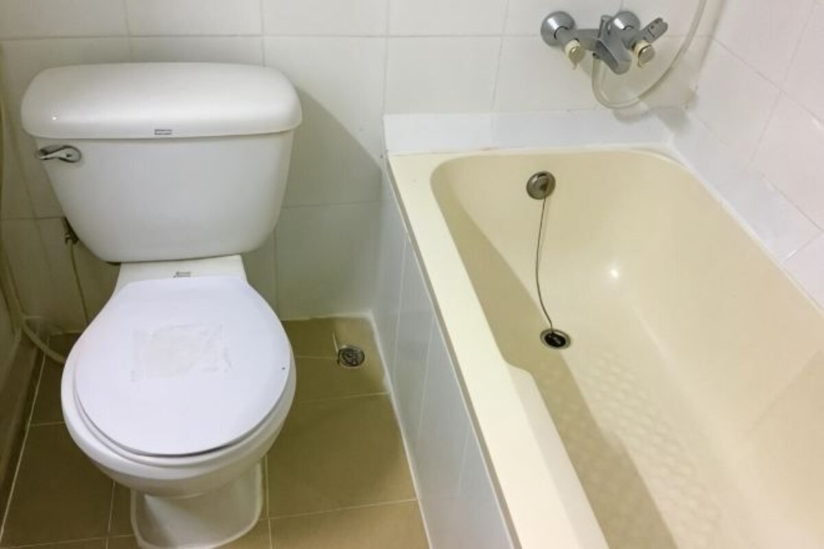 A bathroom with a toilet and a bathtub.