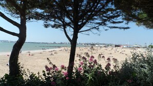 Une plage où des gens se prélassent au soleil et se baignent, entourée d’arbres et d’arbustes.