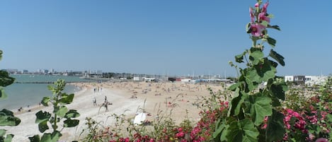 Una playa con vista despejada al mar y un horizonte urbano lejano.