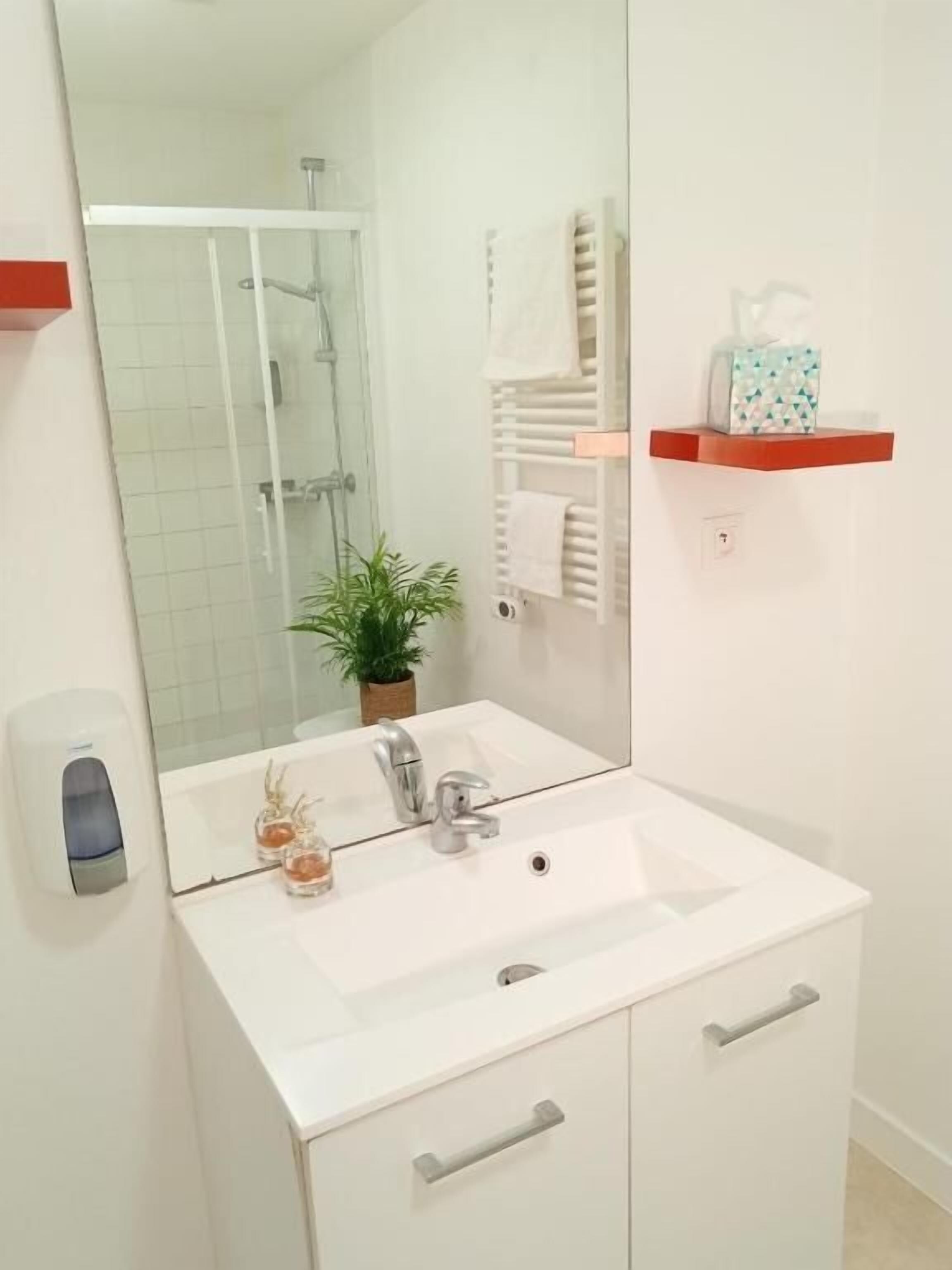 Ein Badezimmer mit einem weißen Waschbecken, einem Spiegel, einem Handtuchhalter, einer Pflanze und einer Seifenspender.