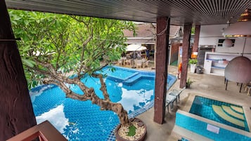 Outdoor pool, pool umbrellas, pool loungers