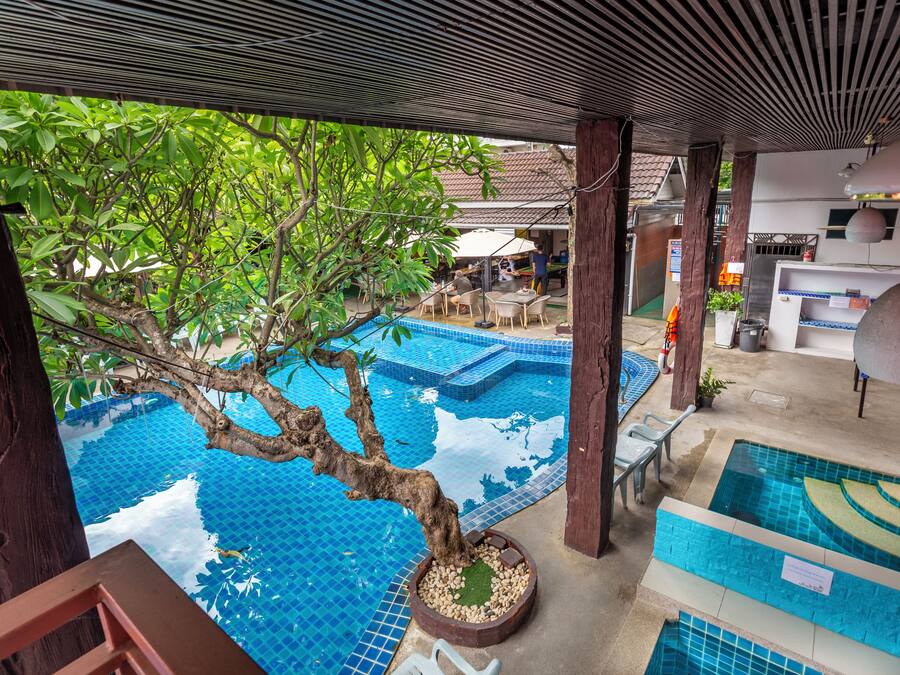 Outdoor pool, pool umbrellas, pool loungers