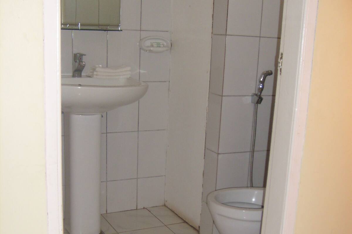 A small bathroom with a sink, toilet, and shower.