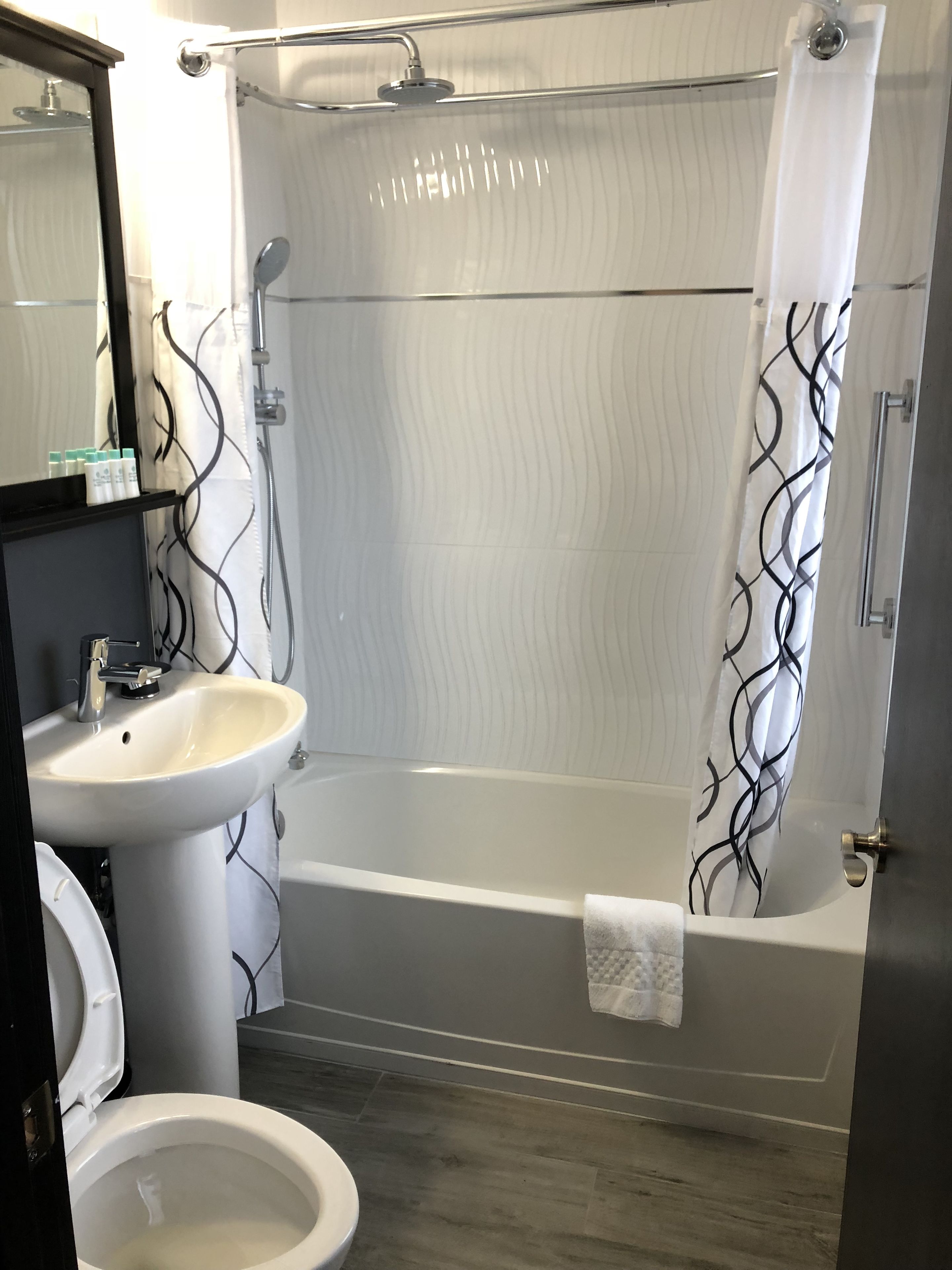 combined shower/bathtub, free toiletries, hair dryer, towels