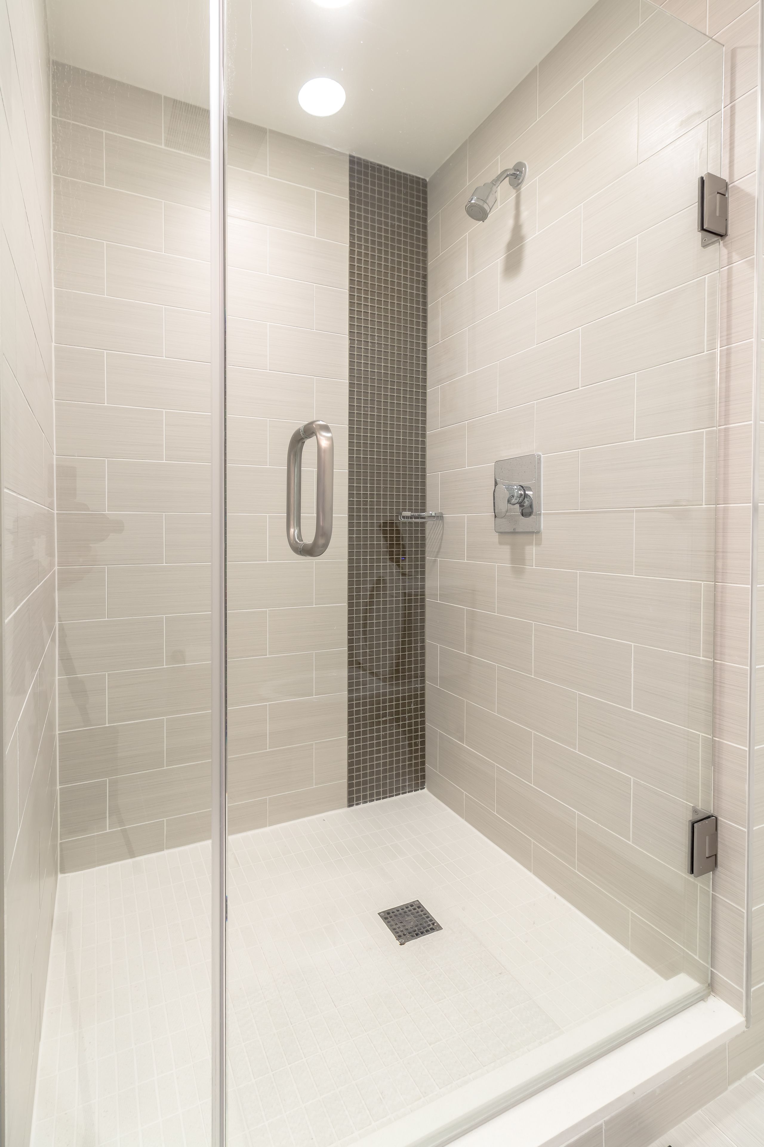 Une douche moderne dotée d’une porte en verre, d’un mur carrelé et d’un pommeau de douche à main.