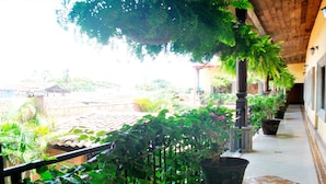 A covered corridor with hanging plants, potted plants, and a tiled floor. - Hotel Real Granada (Granada)
