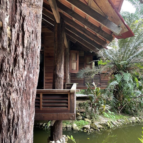 A wooden building with a balcony overlooking a pond, surrounded by lush greenery. - Sahom Valley Resort - Agro & Eco (Ipoh)