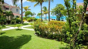 Een verzorgde tuin met palmbomen, een gazon en een pad dat naar een strand leidt.