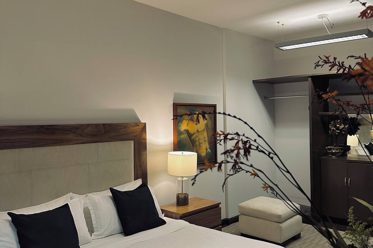 Habitación de hotel con una cama, una mesita de noche, una lámpara, un cuadro, un armario y una planta.
