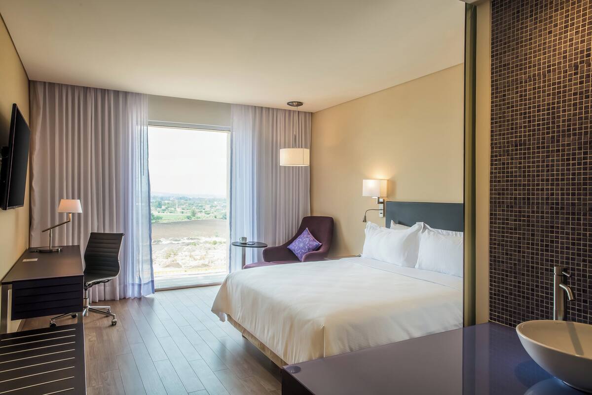 A hotel room with a bed, a desk, a chair, a TV, a bathroom with a sink, and a view of the outdoors.