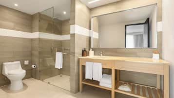 Shower, free toiletries, hair dryer, towels
