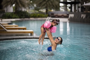 Outdoor pool, pool umbrellas, pool loungers