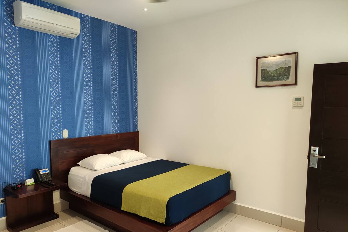 A bedroom with a bed, a nightstand, a wall-mounted air conditioner, a framed picture, and a door.