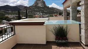 Une terrasse sur le toit dotée d’une balustrade en verre, d’une plante en pot et offrant une vue sur une montagne.