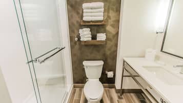 A modern bathroom with a glass shower enclosure, a white toilet, and a sink with a mirror.