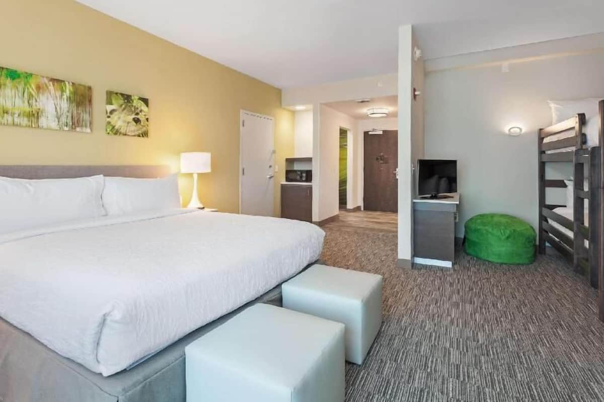 A hotel room with a large bed, a desk, a chair, a green bean bag, and a TV.