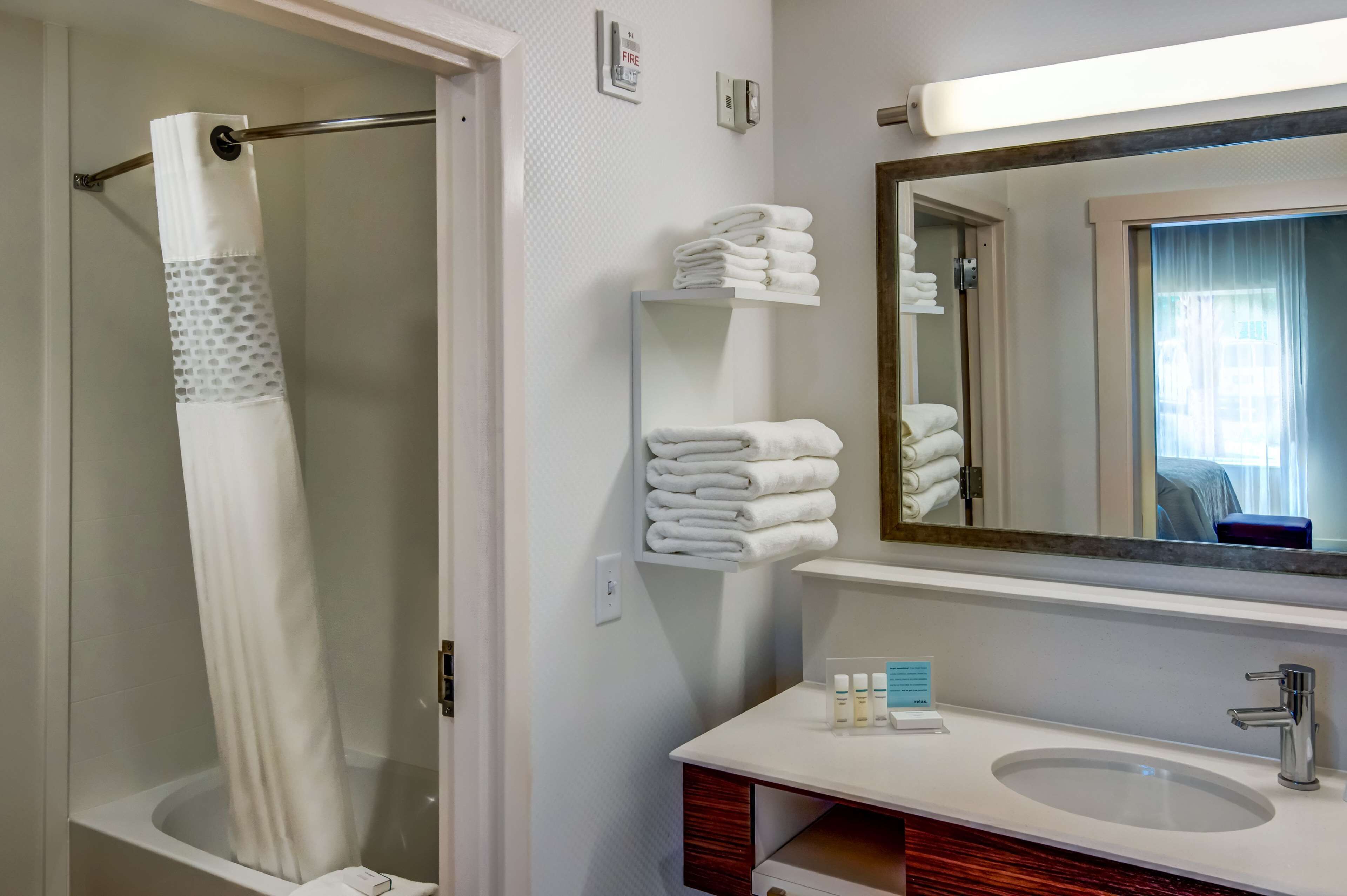 hair dryer, towels, soap, shampoo