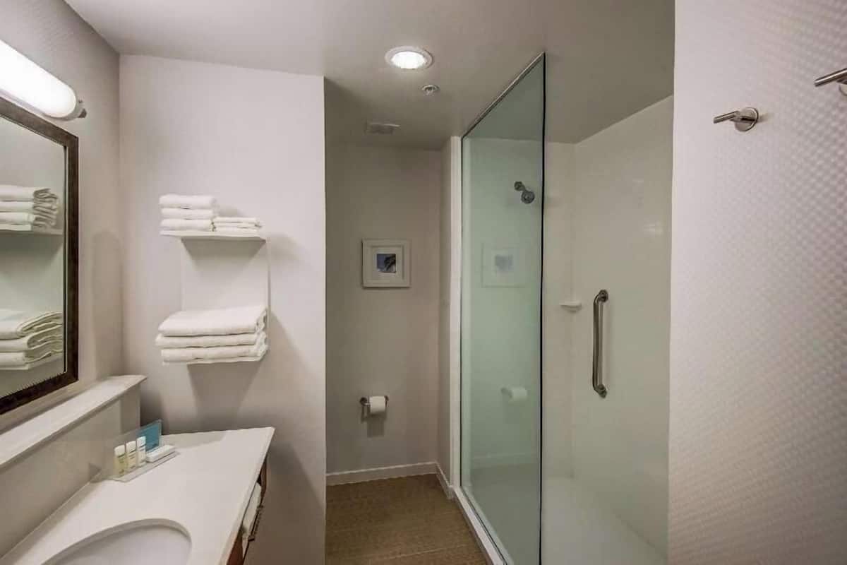 Máy sấy tóc, khăn tắm, xà phòng, dầu gội