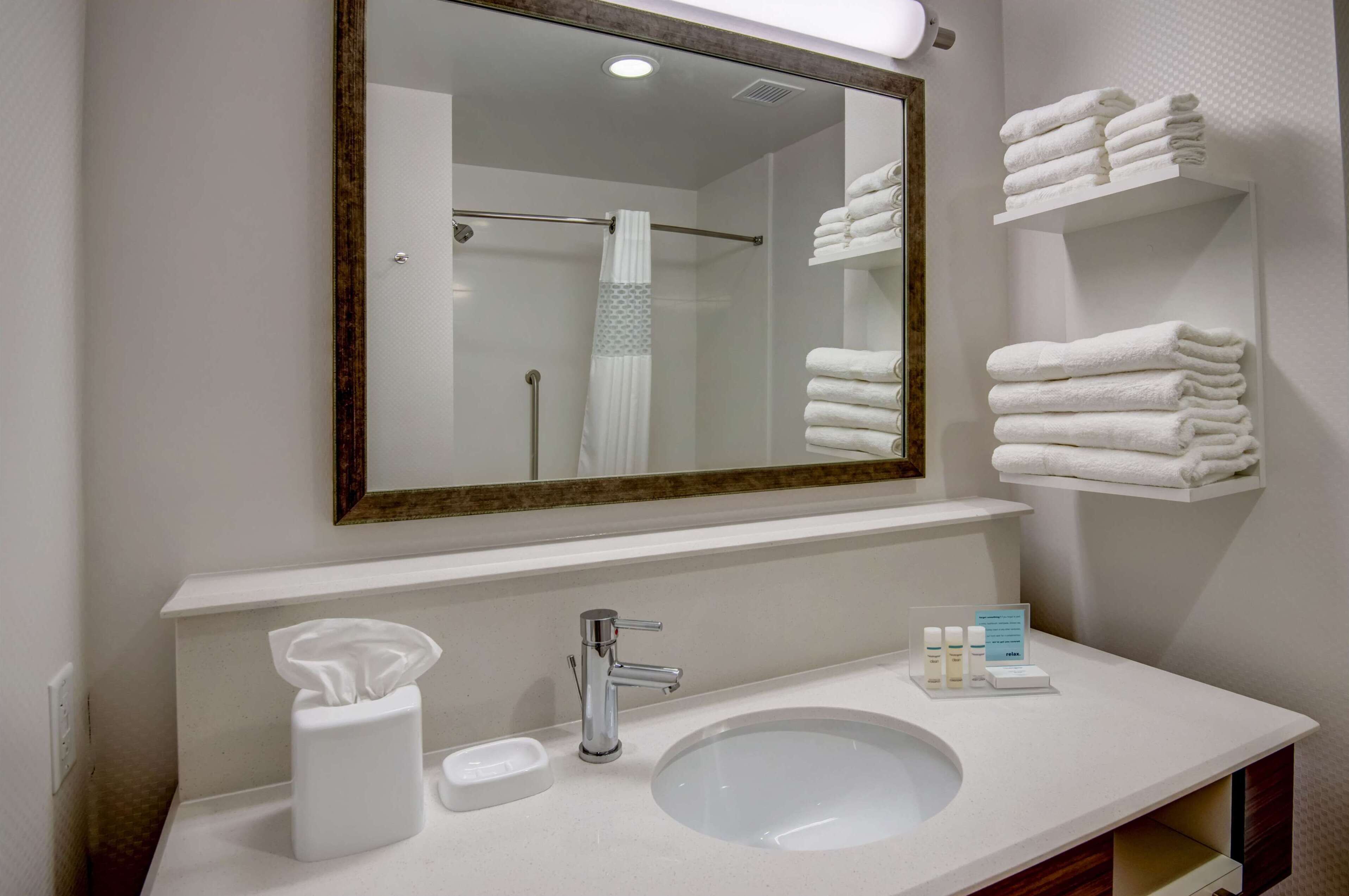 A bathroom with a large mirror, a sink, and a towel rack.