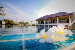 Una piscina con dos flores blancas flotando en el agua, y un edificio de techo rojo al fondo.