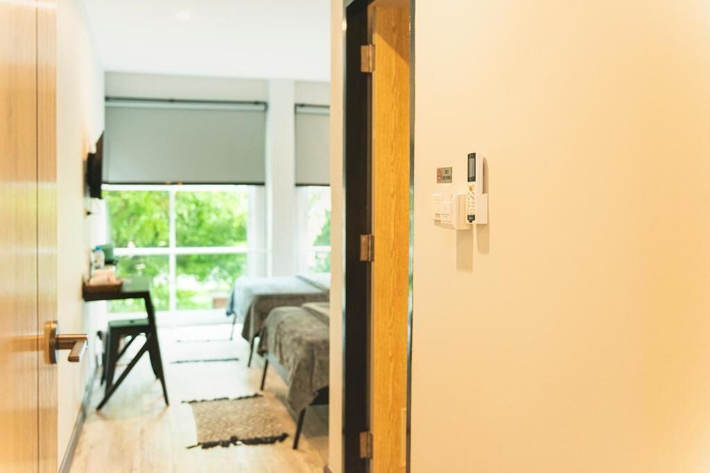 1 bedroom, desk, laptop workspace, blackout curtains