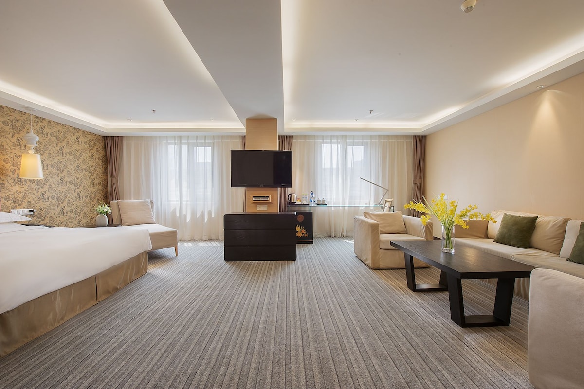 A modern hotel room with a large bed, a sofa, a coffee table, a TV, and a fireplace.