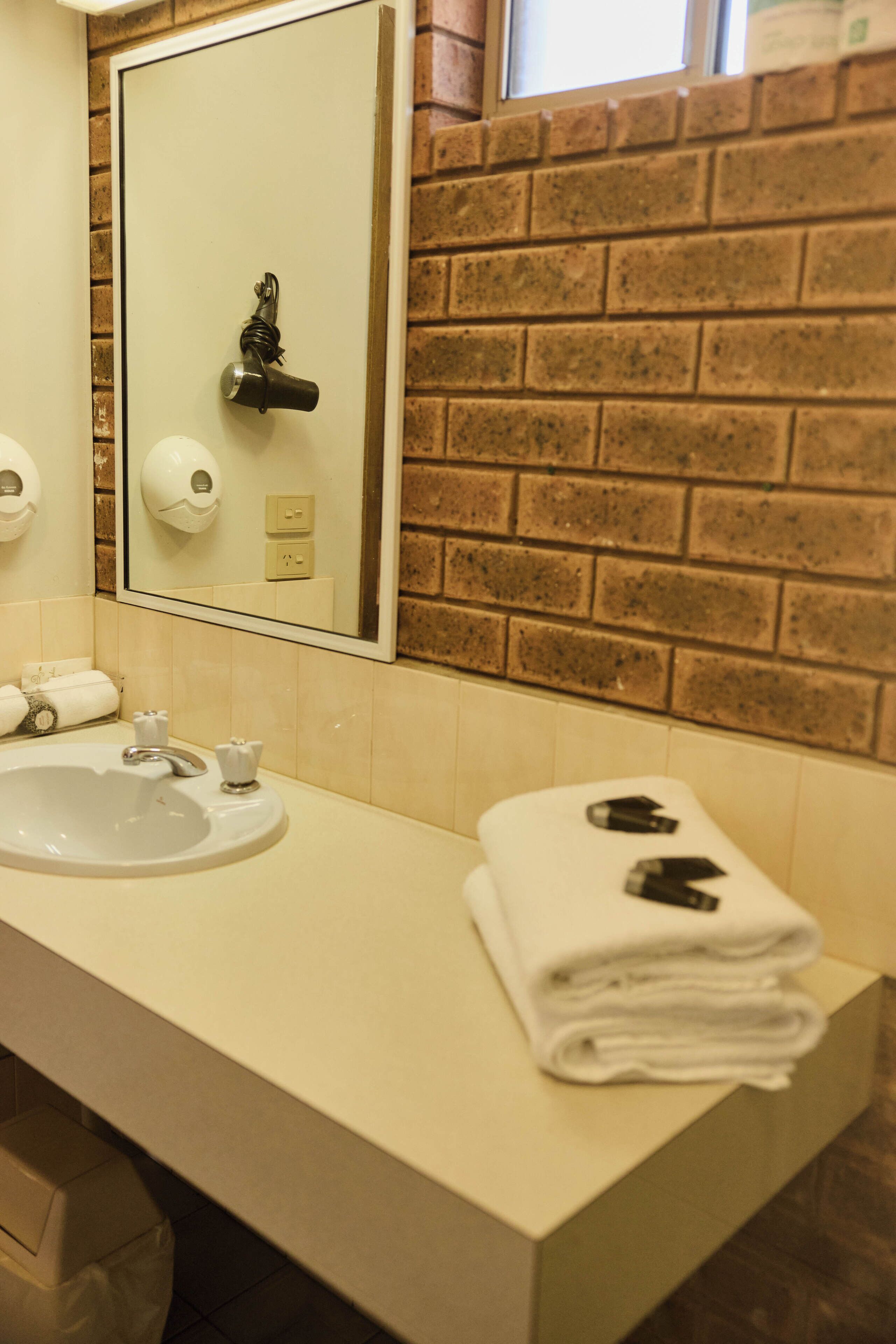 Un baño con lavamanos, espejo, toallero y pared de ladrillo.