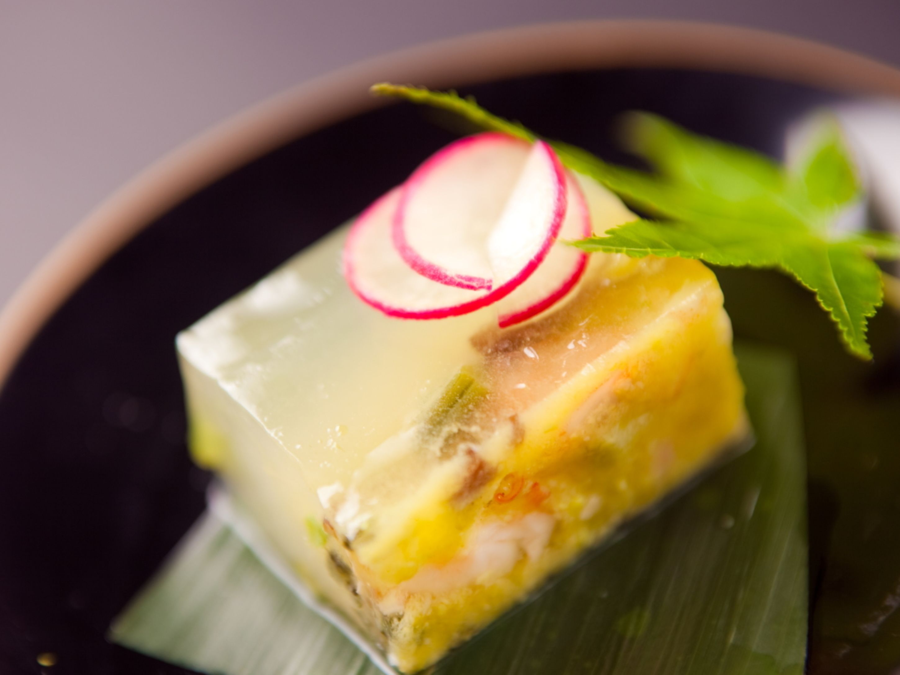 A close-up of a dessert with a creamy texture, garnished with radish slices and a mint leaf.
