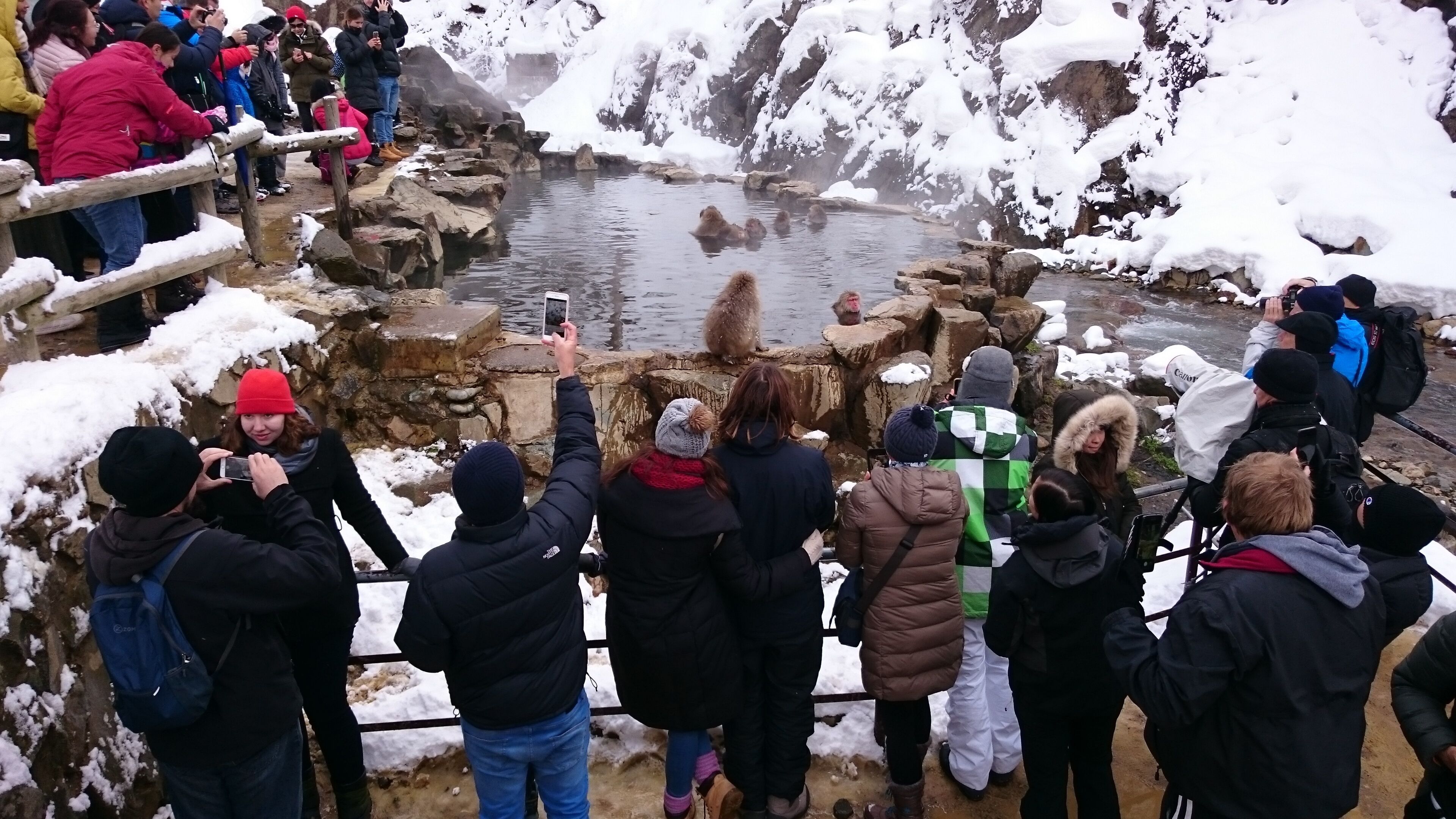 A group of people observing a natural hot spring surrounded by snow.