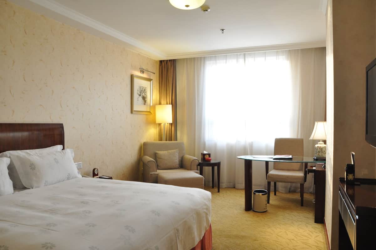 Een hotelkamer met een bed, twee fauteuils, een tafeltje, een televisie en een raam met gordijnen.
