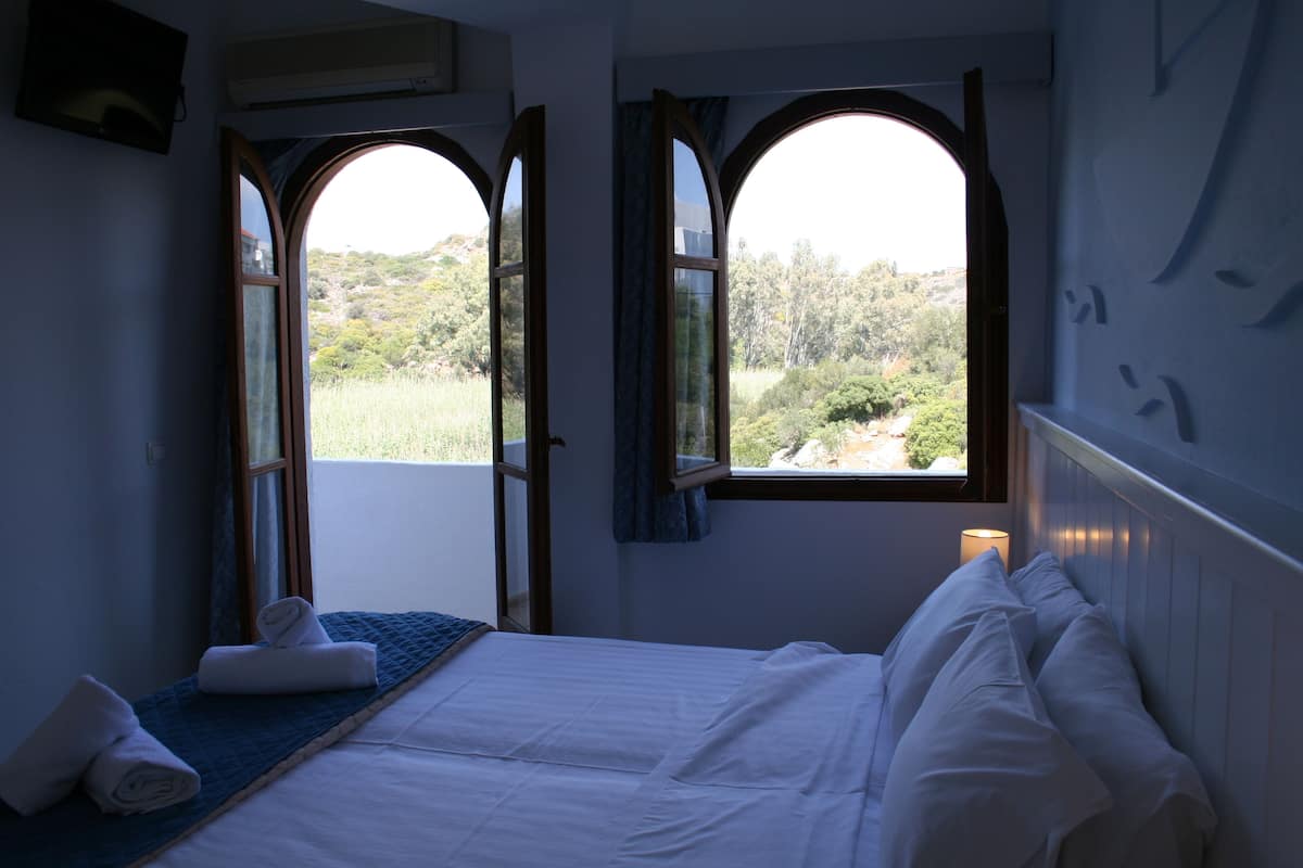 A bedroom with a bed, two windows, and a view of greenery outside.