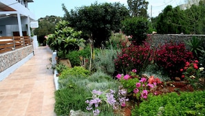 A garden pathway with various plants and flowers, a stone wall, and a wooden fence. - Naiades Almiros River Hotel (Agios Nikolaos)