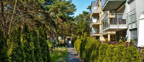 A pathway flanked by dense greenery and a multi-story building with balconies.