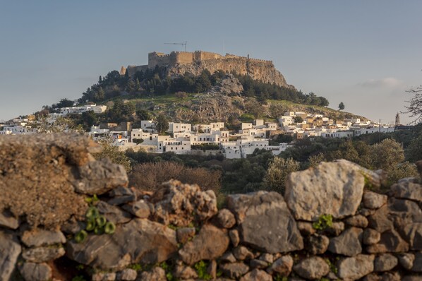 A historic castle atop a hill overlooking a town with white buildings.