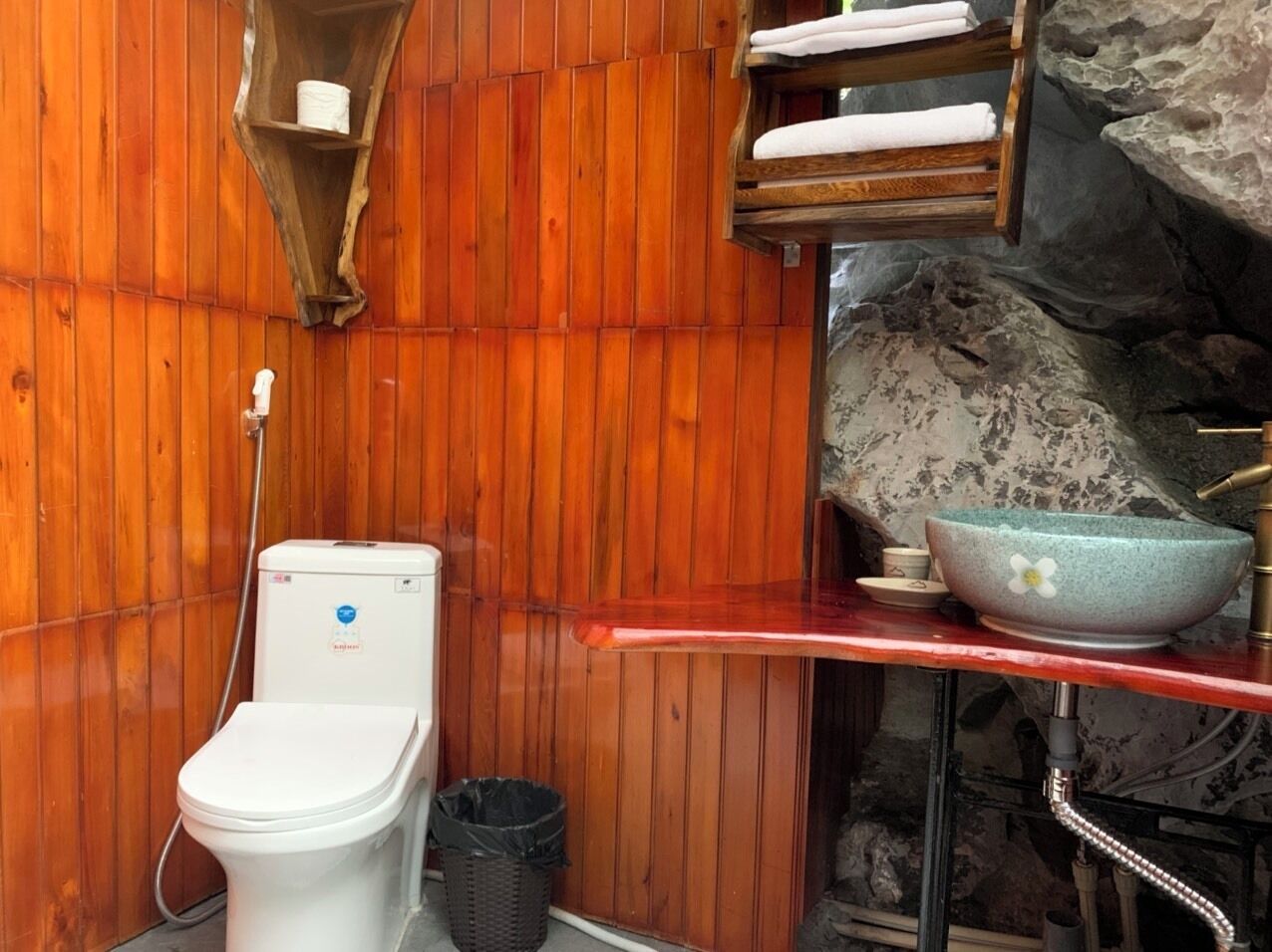 Un bagno piccolo con parete in legno, un WC bianco, un lavandino con una bacinella blu e uno scaffale con asciugamani.