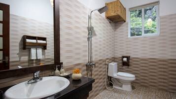 Une salle de bain avec un lavabo, des toilettes et une douche.