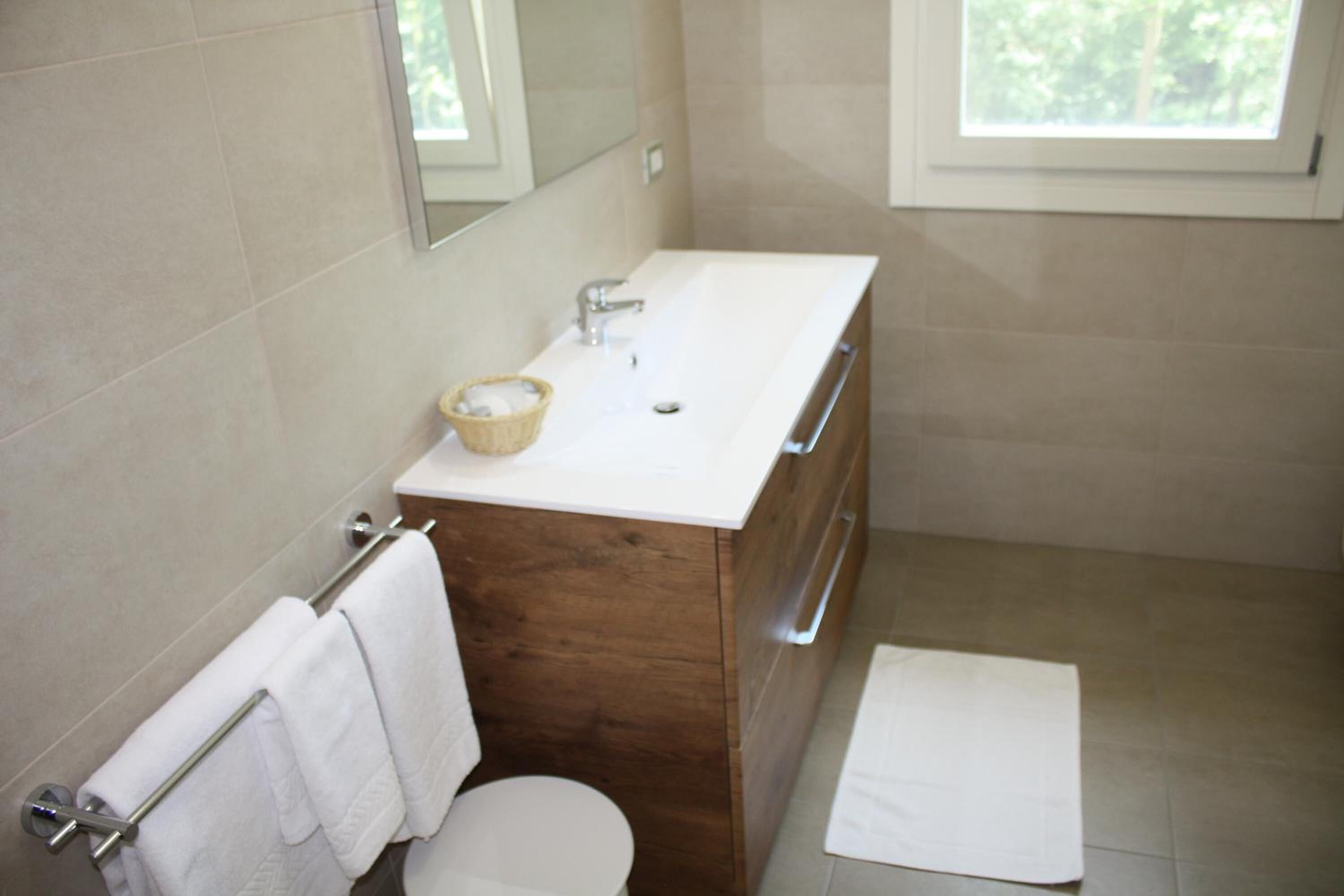 Un bagno con un mobile vanitario in legno, un lavandino bianco e un solo water.