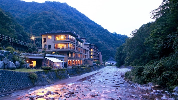 A riverside hotel with multiple floors, a stone retaining wall, and a mountainous backdrop. - Hotel Ogawa (Asahi)