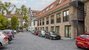Une rangée de voitures garées le long d’une rue bordée d’immeubles en briques, avec une échelle de secours bien visible et un ciel dégagé.