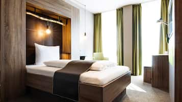 Hypo-allergenic bedding, desk, blackout curtains, soundproofing