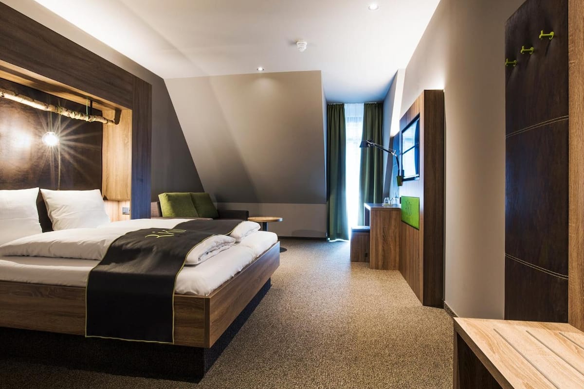 hypo-allergenic bedding, desk, blackout curtains, soundproofing