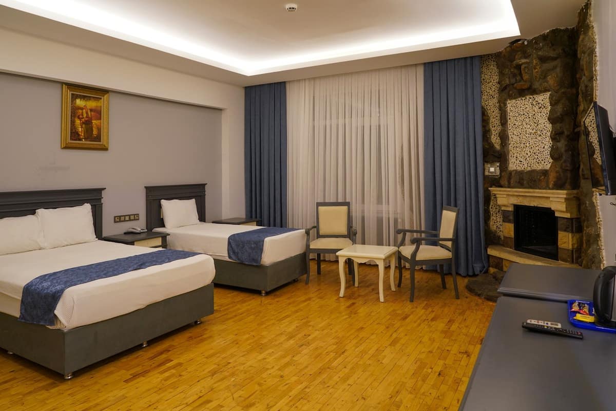 Habitación de hotel con dos camas, una mesita pequeña, una silla, televisión y chimenea.