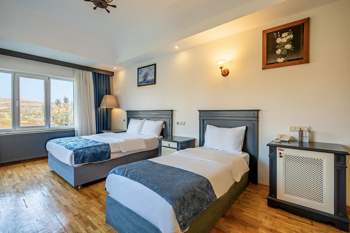 Habitación de hotel con dos camas, una mesita de noche, cómoda y un amplio ventanal con vistas al exterior.